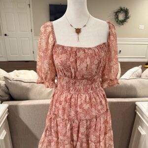 Trixxi Womens Pink on Pink Floral Waist Cinch Fit & Flare Dress Sz S